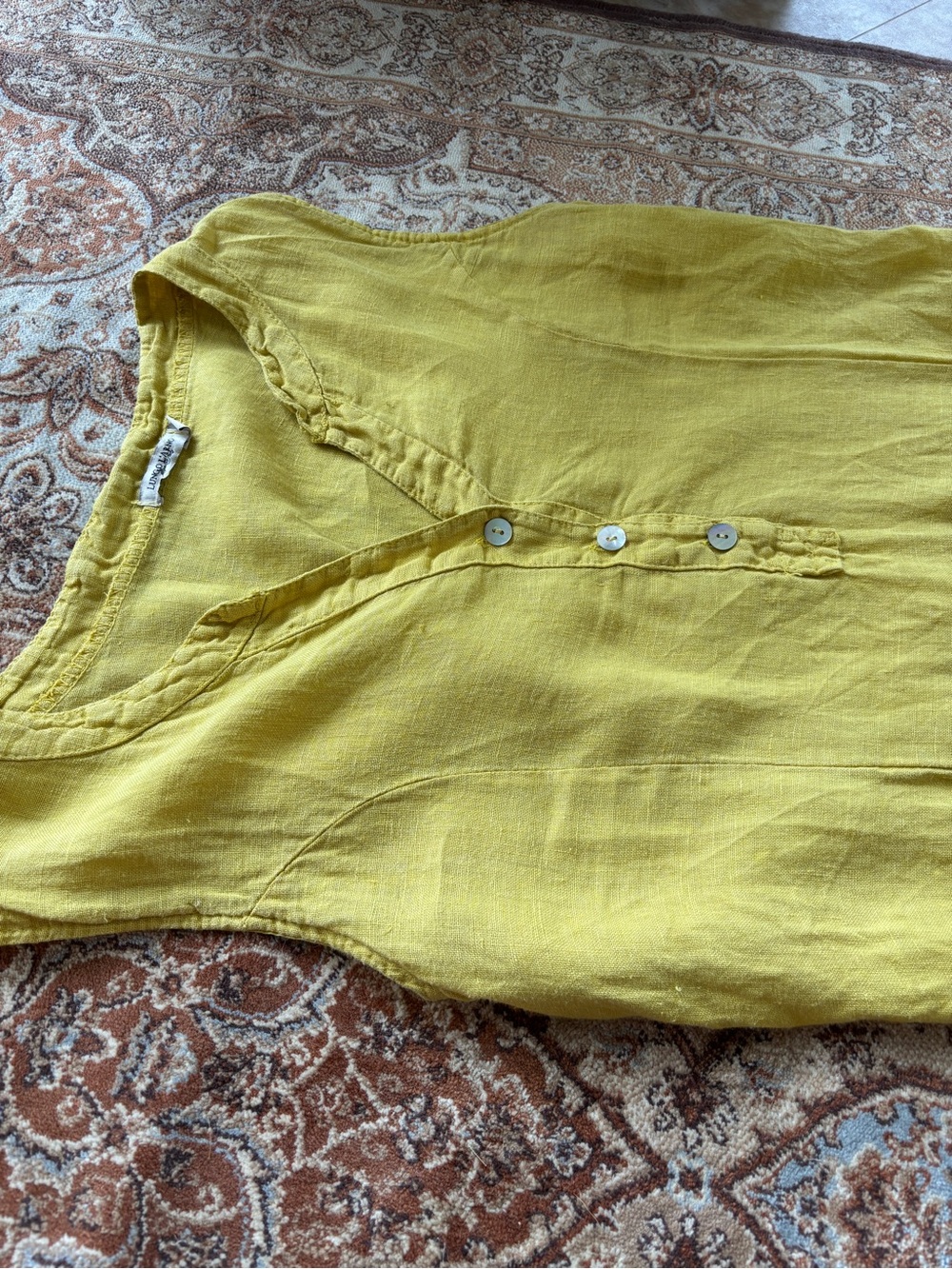 59. Sleeveless Sunny Yellow Linen Mini Dress with Mother of Pearl Button Front - Picture 15 of 17